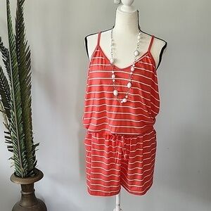 Miholl coral and white striped spaghetti strap romper with elastic waist…